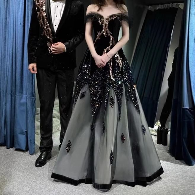 Panel Mesh Sequin Off-Shoulder Gown Evening A-Line