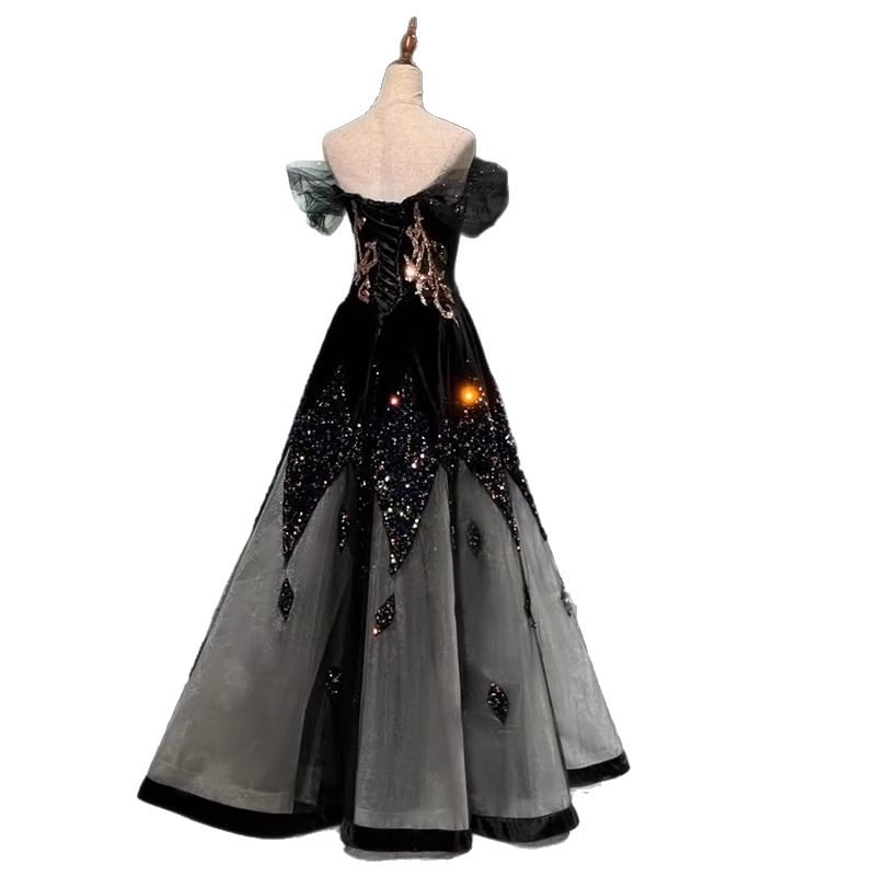 Panel Mesh Sequin Off-Shoulder Gown Evening A-Line