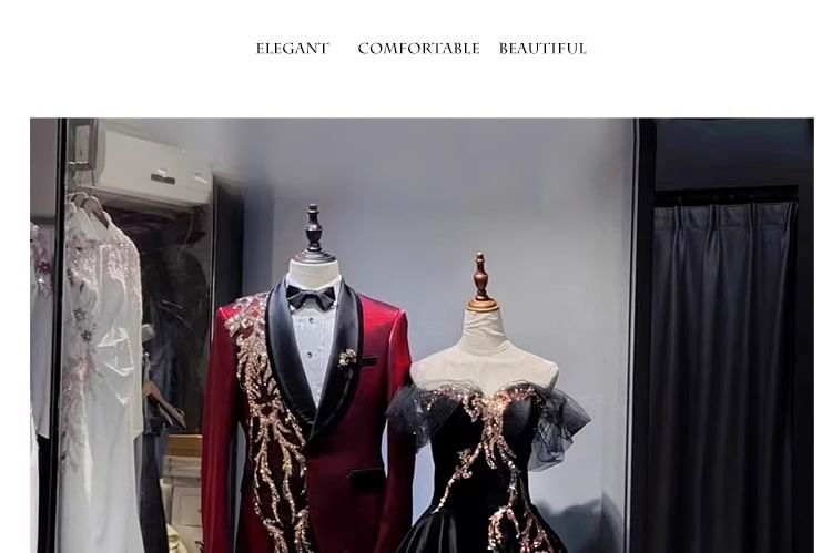 Panel Mesh Sequin Off-Shoulder Gown Evening A-Line