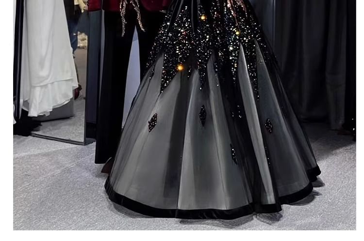 Panel Mesh Sequin Off-Shoulder Gown Evening A-Line