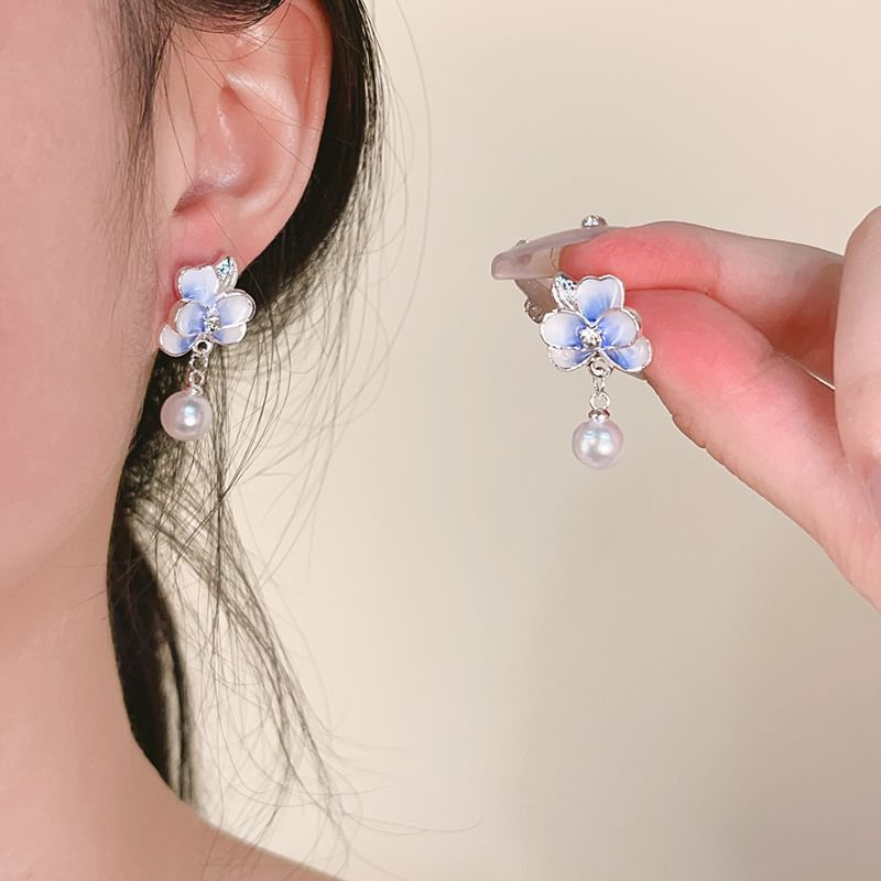 / Clip Drop Faux Pearl On Earring Flower
