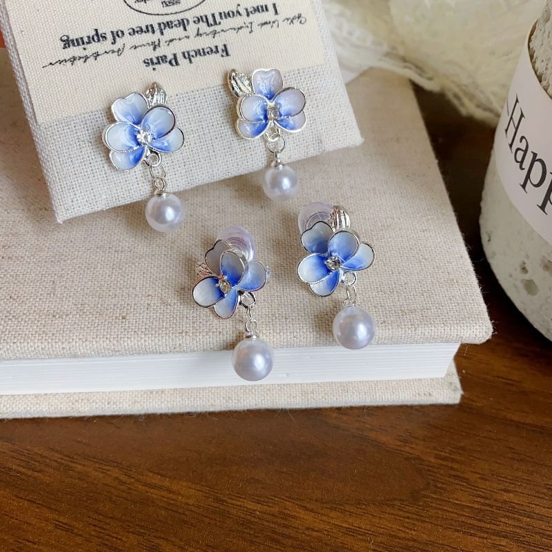 / Clip Drop Faux Pearl On Earring Flower