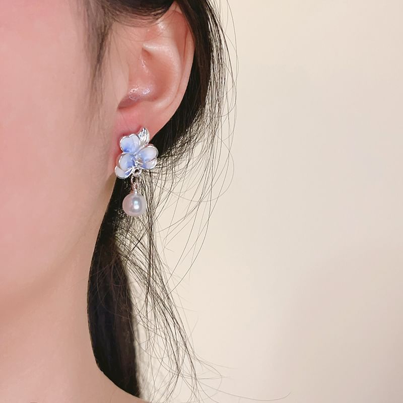 / Clip Drop Faux Pearl On Earring Flower