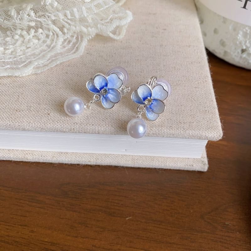 / Clip Drop Faux Pearl On Earring Flower
