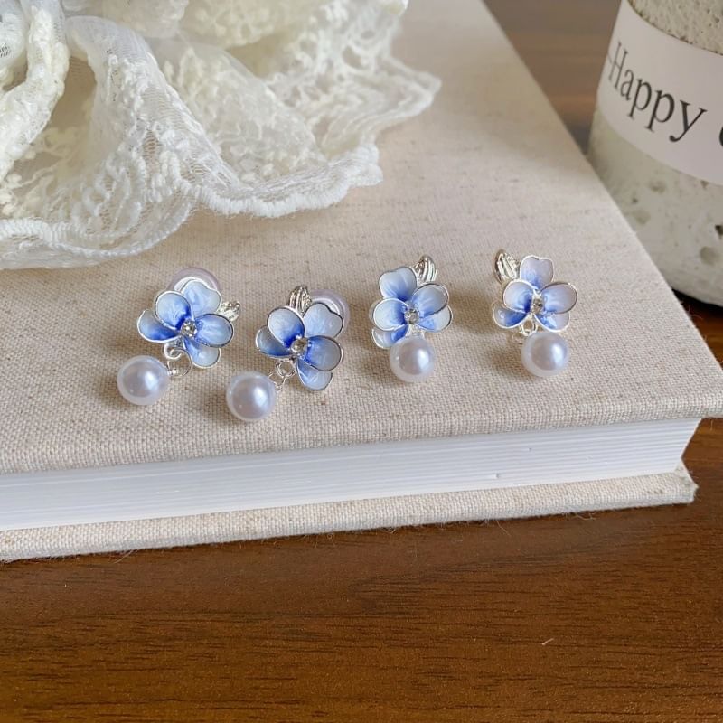 / Clip Drop Faux Pearl On Earring Flower