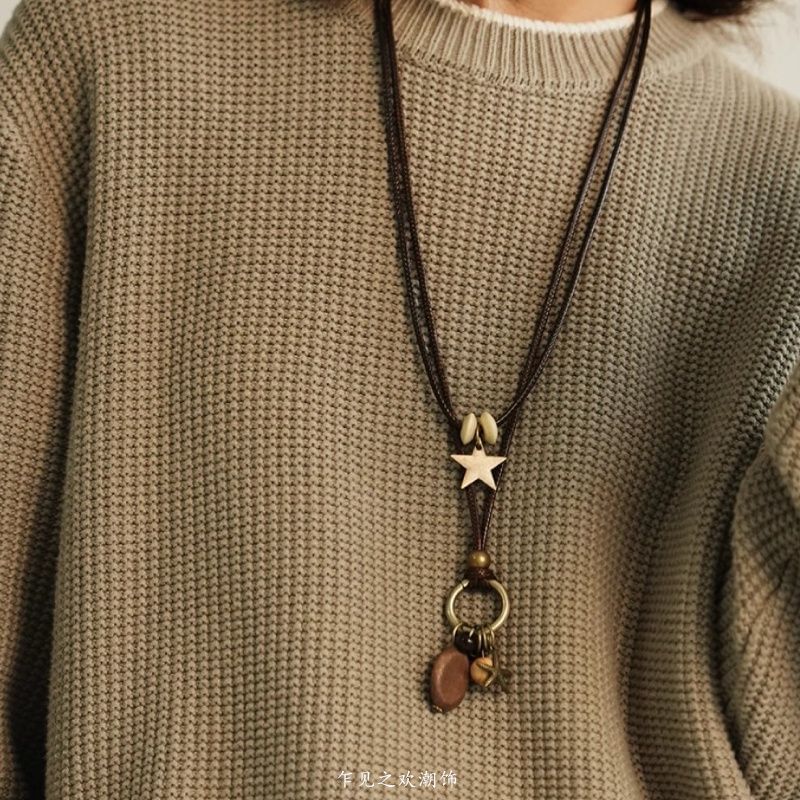 Cord Layered Pendant Necklace Bead Star