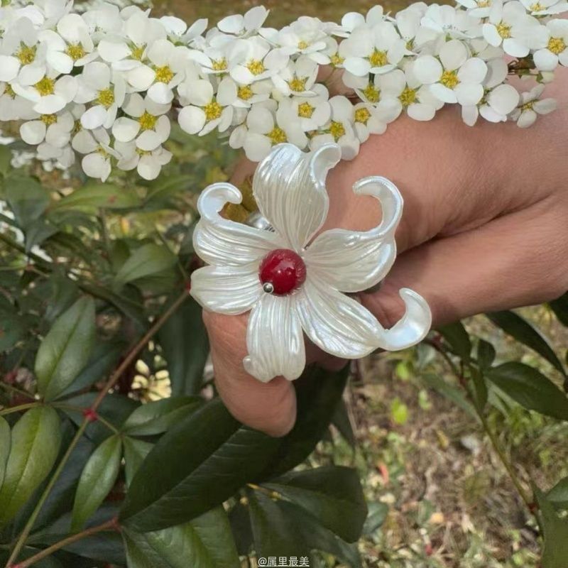 Alloy Floral Elastic Ring Faux Pearl