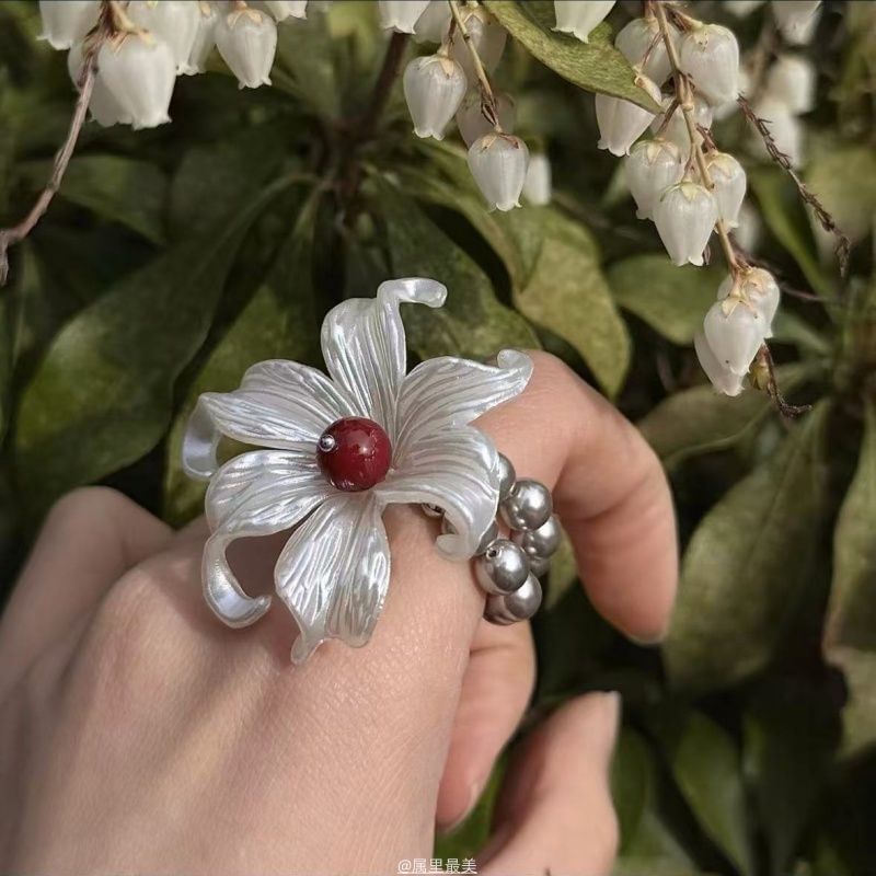 Alloy Floral Elastic Ring Faux Pearl