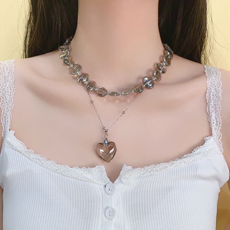 Faux Choker Pendant Station Heart Crystal