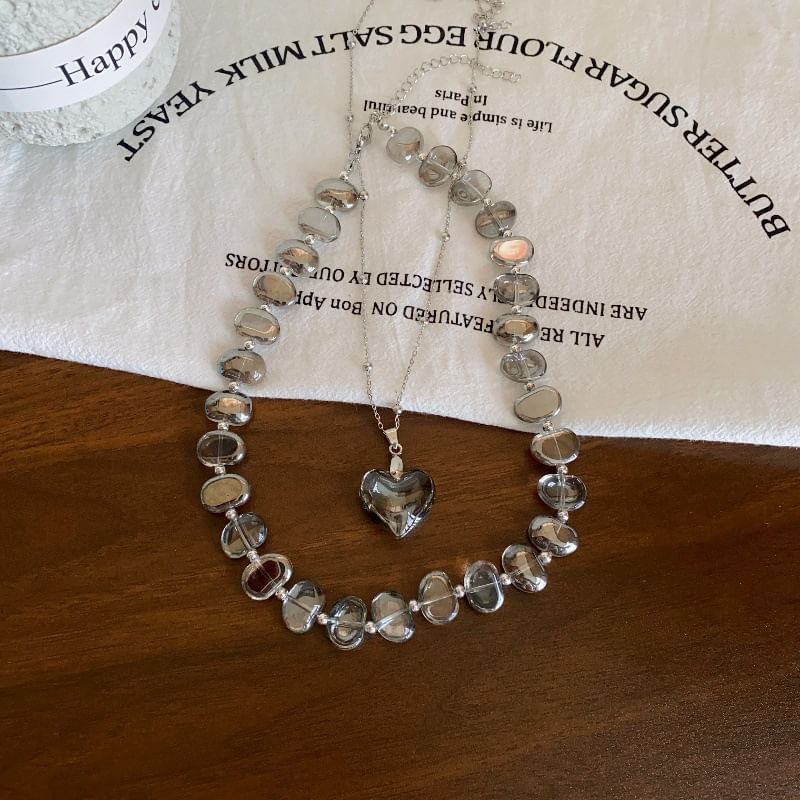 Faux Choker Pendant Station Heart Crystal