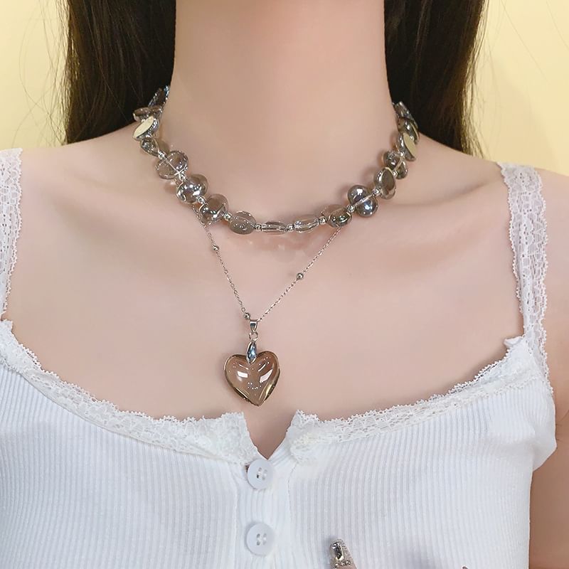 Faux Choker Pendant Station Heart Crystal