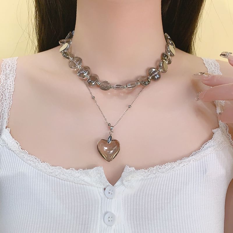 Faux Choker Pendant Station Heart Crystal