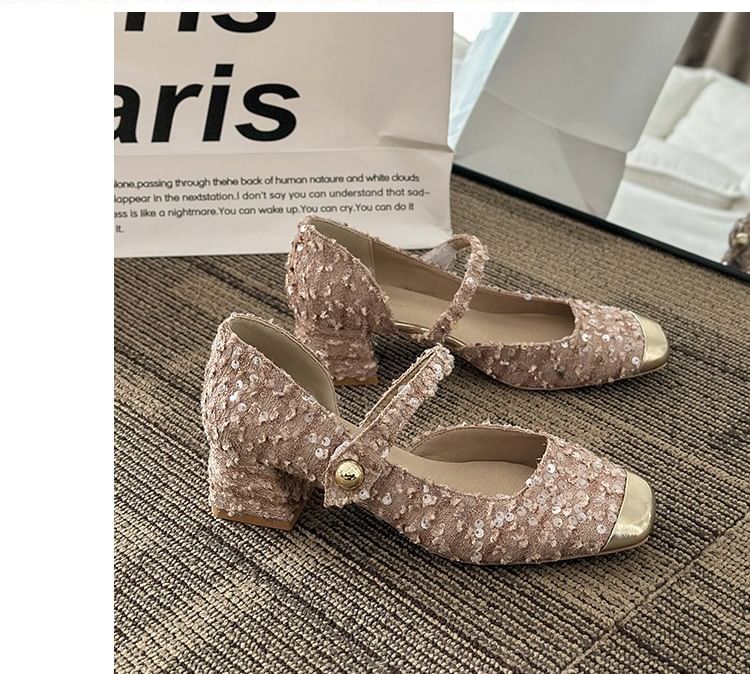 Square Sequin Tweed Mary Toe Pumps Heel Block Jane