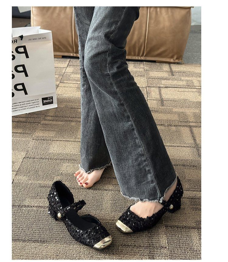 Square Sequin Tweed Mary Toe Pumps Heel Block Jane