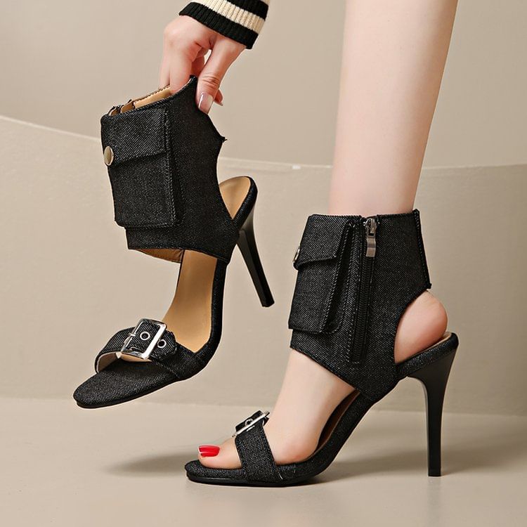 High Heel Buckled Denim Boot Sandals