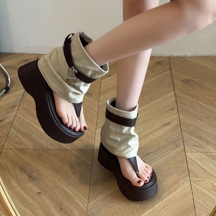 Platform Panel Padlock Boots Thong