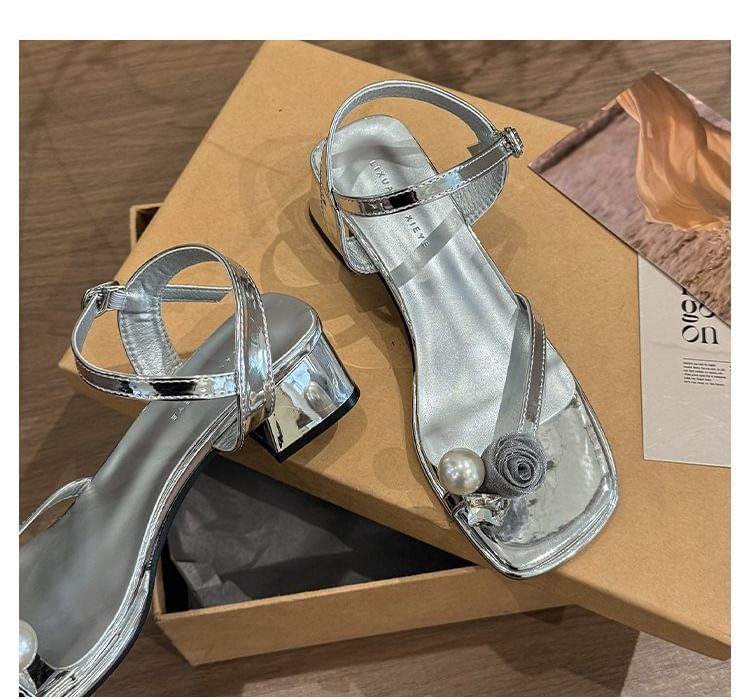 Faux Sandals Block Flower Pearl Heel