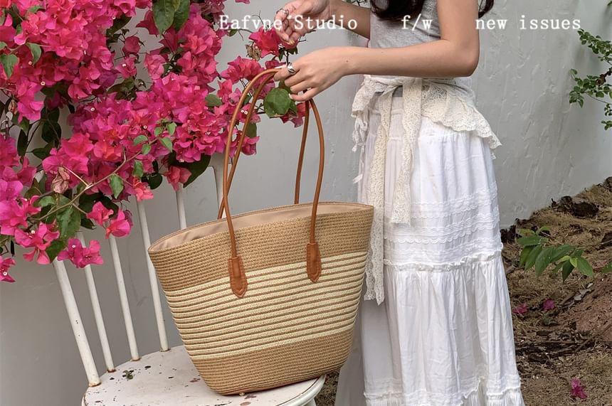 Striped Straw Tote Bag