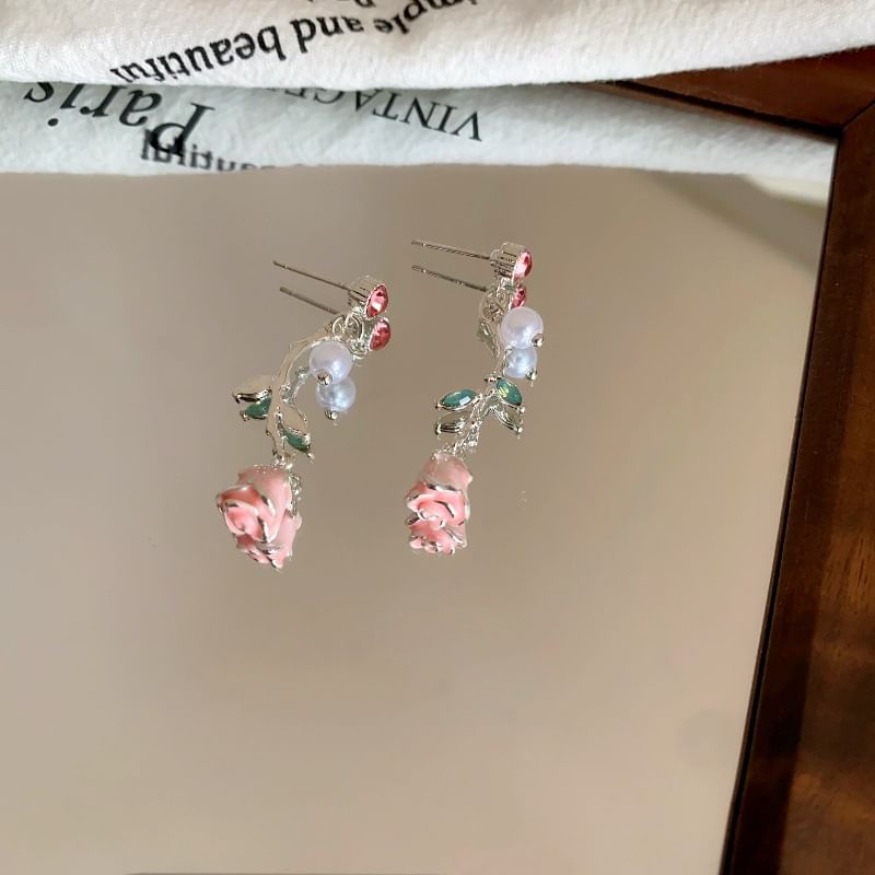 Earring Pearl Drop Flower CZ Faux