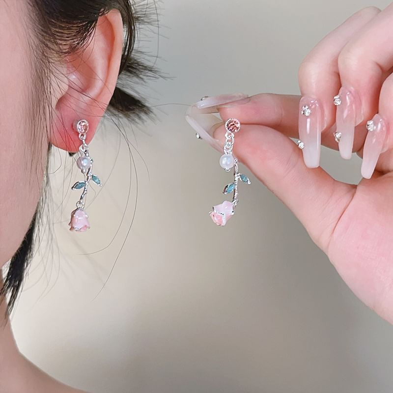 Earring Pearl Drop Flower CZ Faux