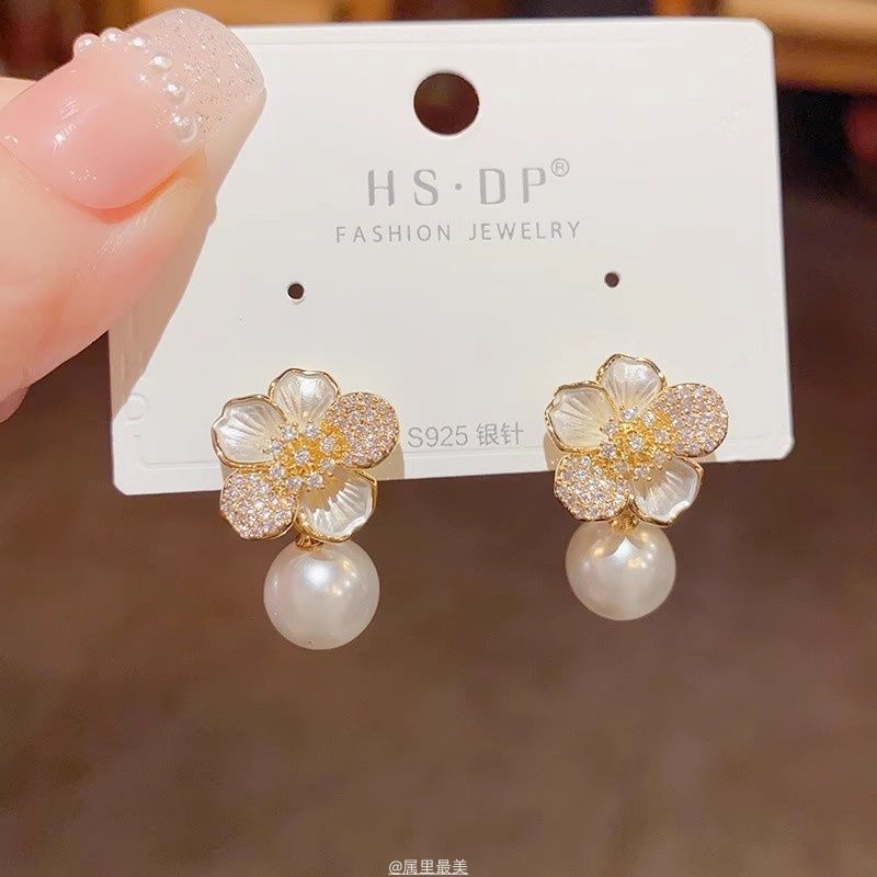 Flower Drop Earring Faux CZ Pearl
