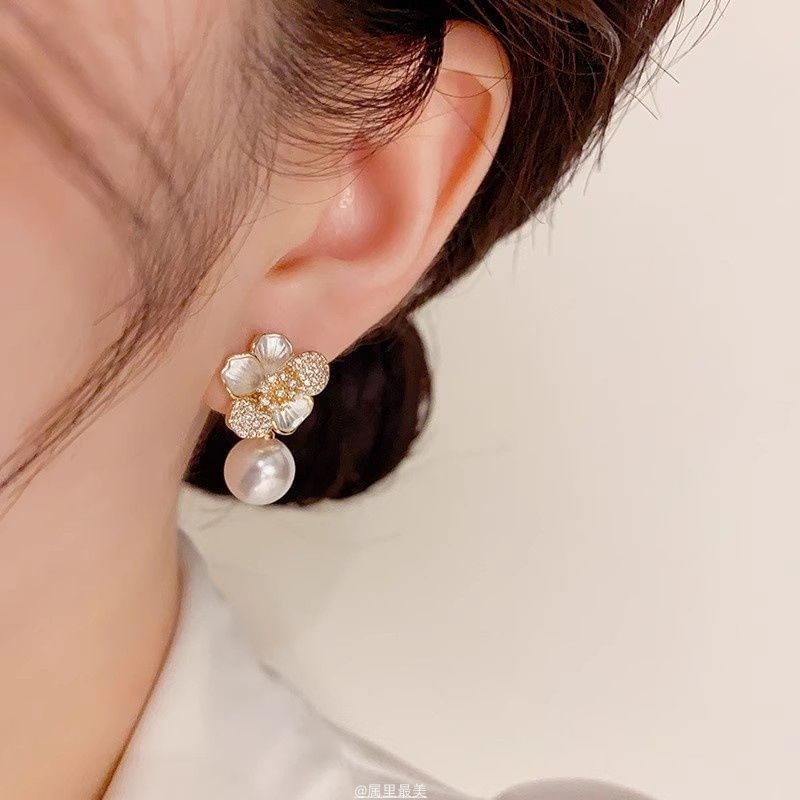 Flower Drop Earring Faux CZ Pearl