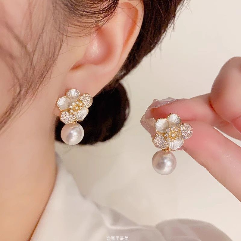 Flower Drop Earring Faux CZ Pearl