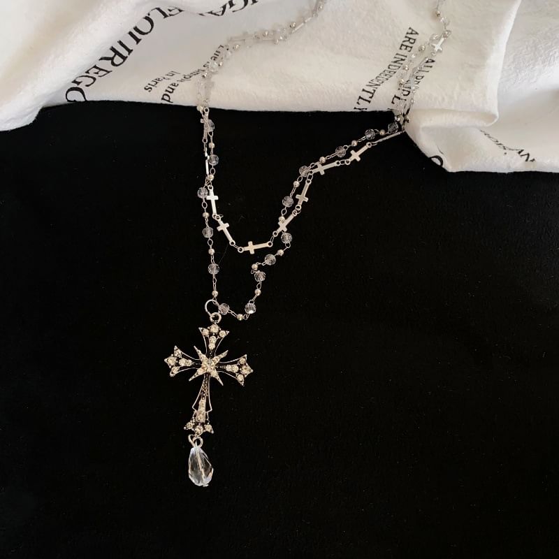 Pendant Bead Necklace CZ Cross Layered