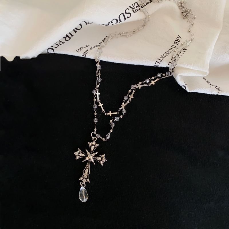 Pendant Bead Necklace CZ Cross Layered