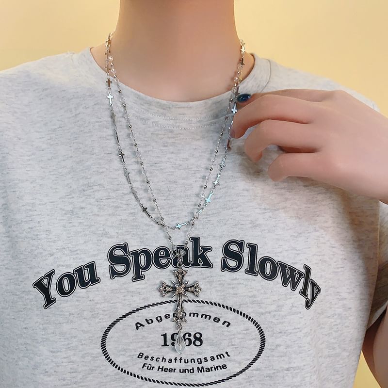 Pendant Bead Necklace CZ Cross Layered