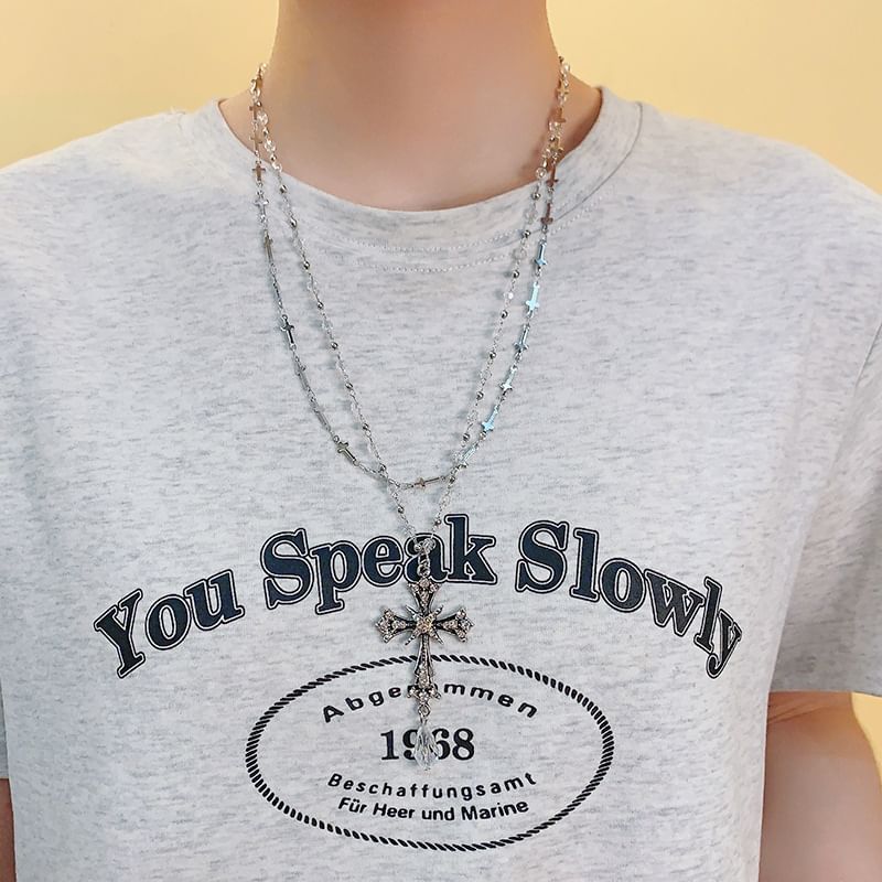 Pendant Bead Necklace CZ Cross Layered