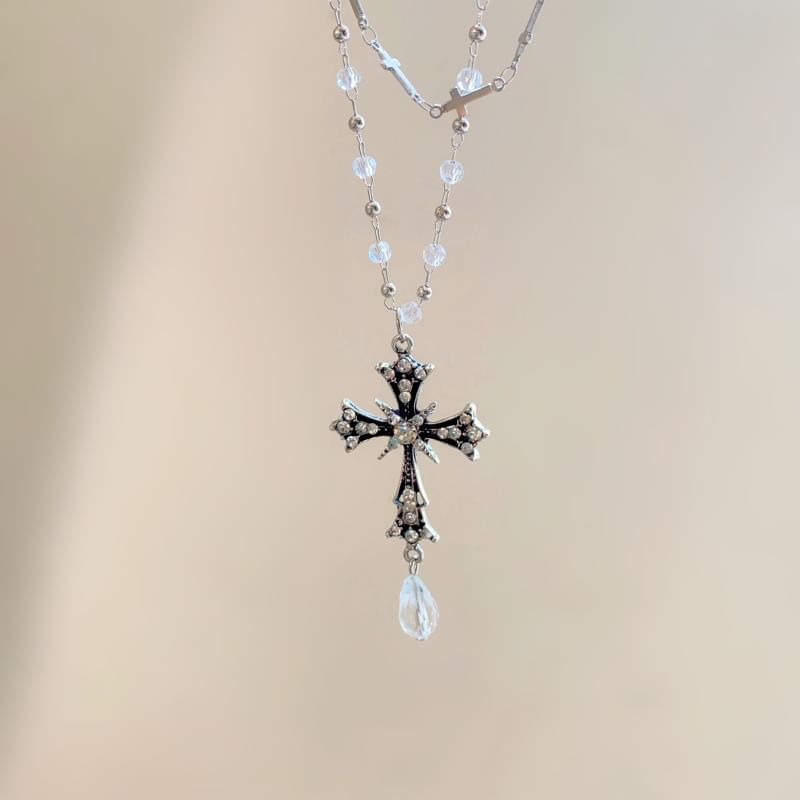 Pendant Bead Necklace CZ Cross Layered