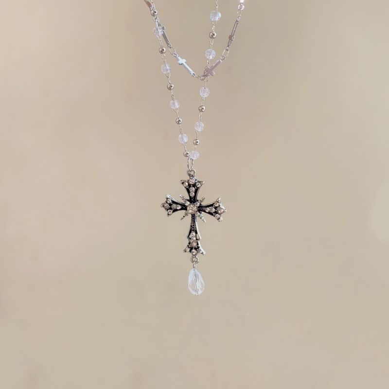 Pendant Bead Necklace CZ Cross Layered