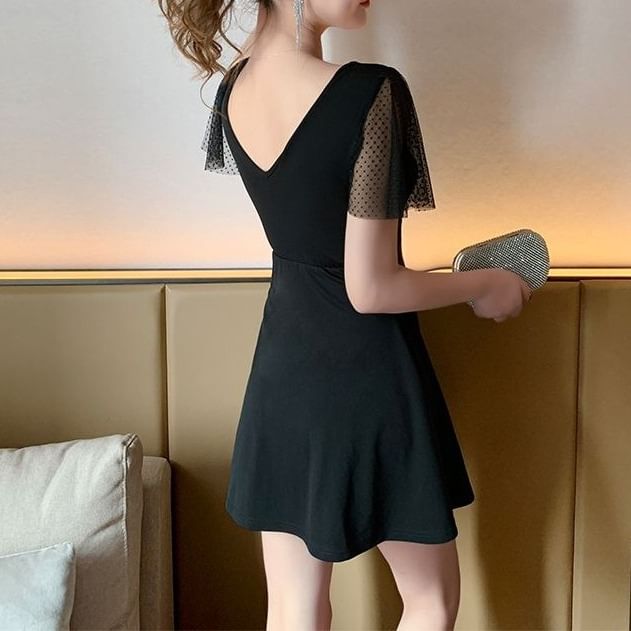A-Line Mini V-Neck Dress Mesh Short-Sleeve