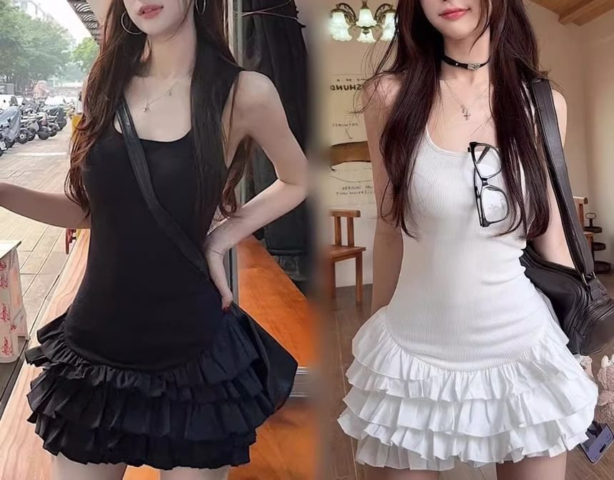 Plain Sleeveless Mini Tiered Dress