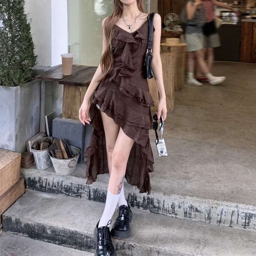 Asymmetrical V-Neck Dress Sleeveless A-Line