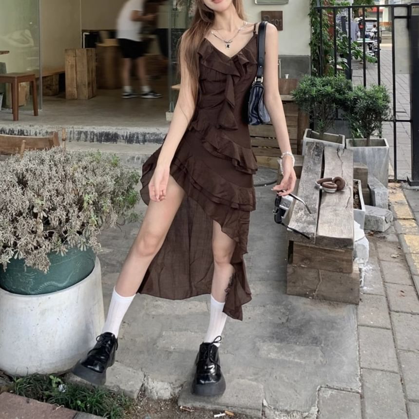 Asymmetrical V-Neck Dress Sleeveless A-Line