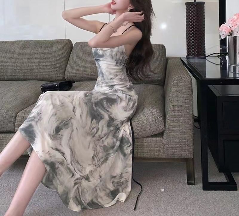 Print Spaghetti Strap A-Line Maxi Dress