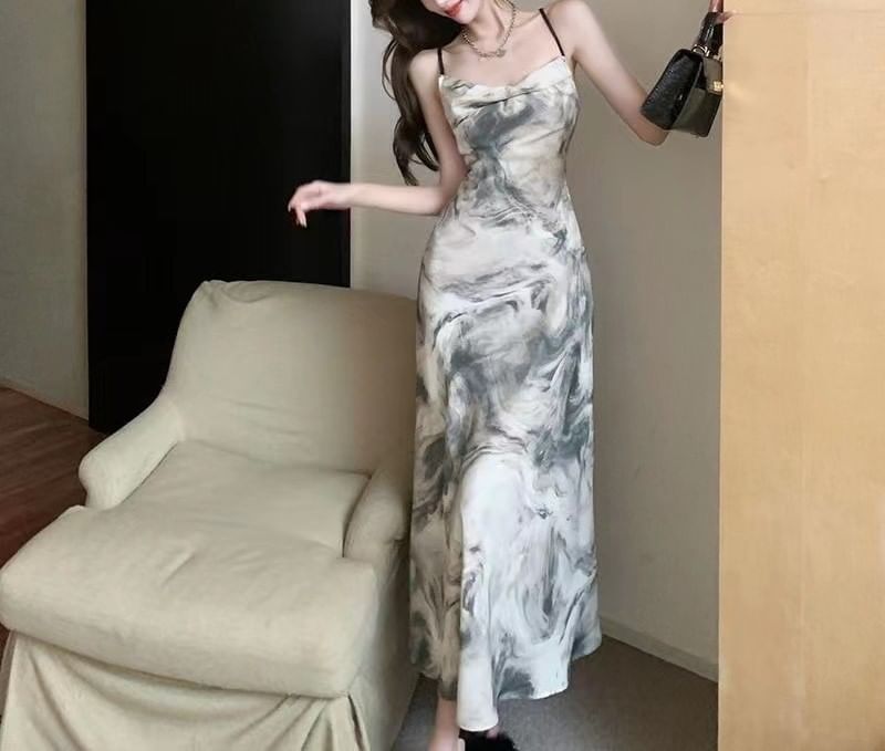 Print Spaghetti Strap A-Line Maxi Dress