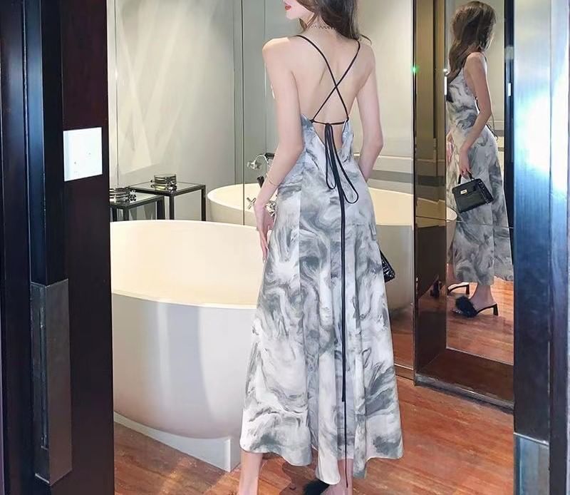 Print Spaghetti Strap A-Line Maxi Dress