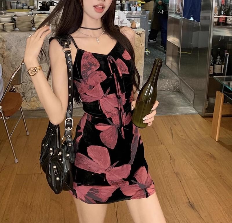 Designs) Floral Spaghetti Dress Print (Various Strap V-Neck A-Line