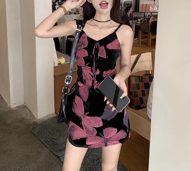 Designs) Floral Spaghetti Dress Print (Various Strap V-Neck A-Line