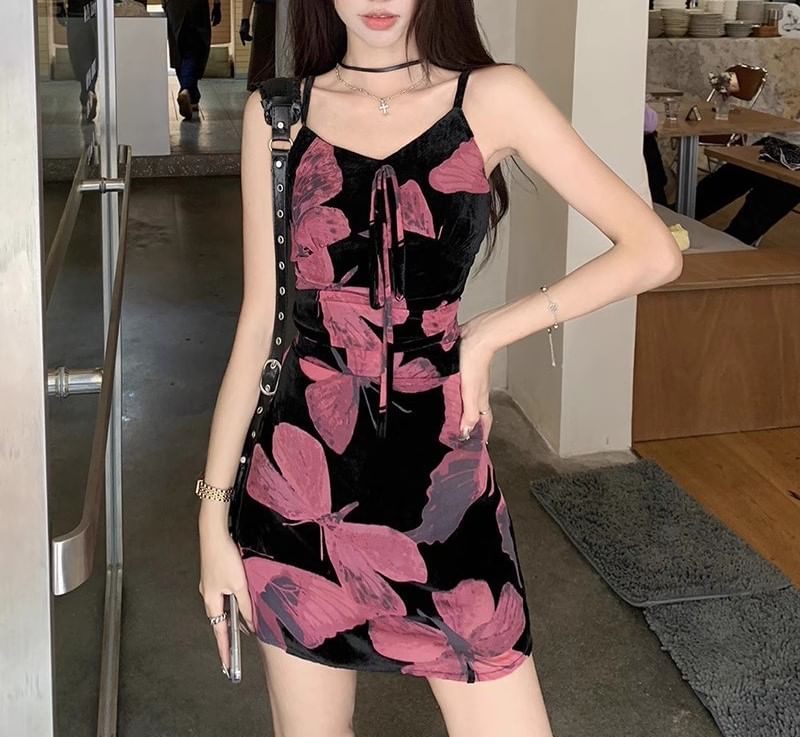 Designs) Floral Spaghetti Dress Print (Various Strap V-Neck A-Line