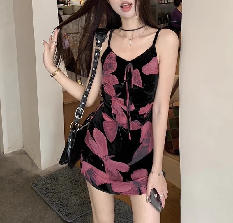 Designs) Floral Spaghetti Dress Print (Various Strap V-Neck A-Line