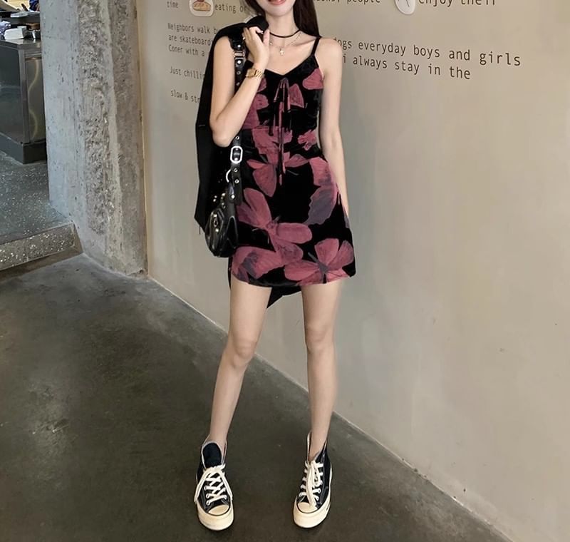 Designs) Floral Spaghetti Dress Print (Various Strap V-Neck A-Line