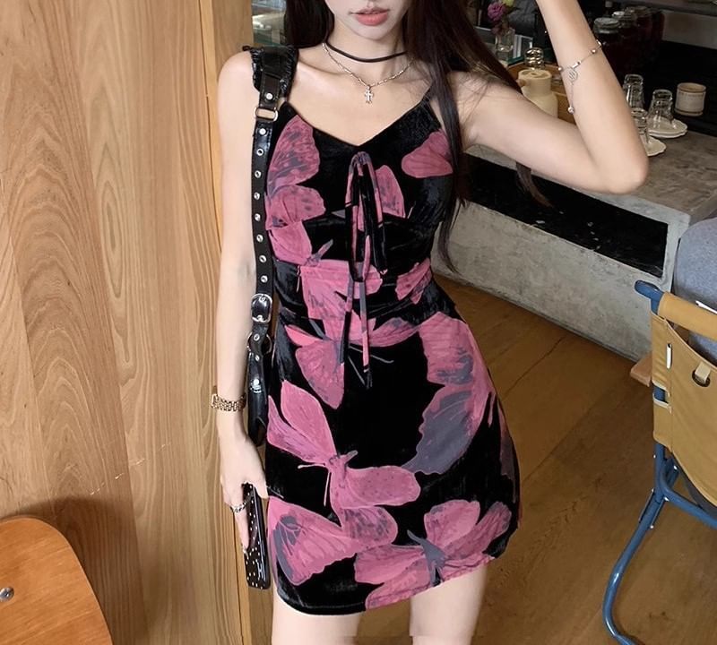 Designs) Floral Spaghetti Dress Print (Various Strap V-Neck A-Line