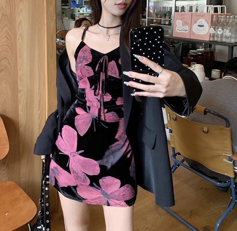 Designs) Floral Spaghetti Dress Print (Various Strap V-Neck A-Line