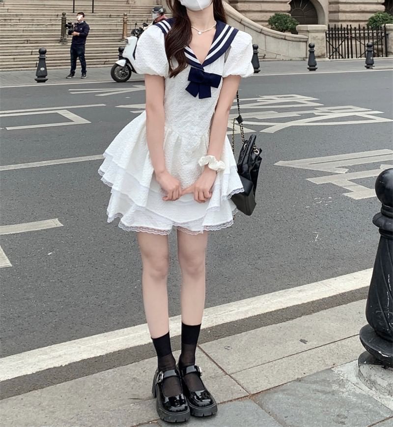 A-Line Short-Sleeve Sailor Dress Mini Collar