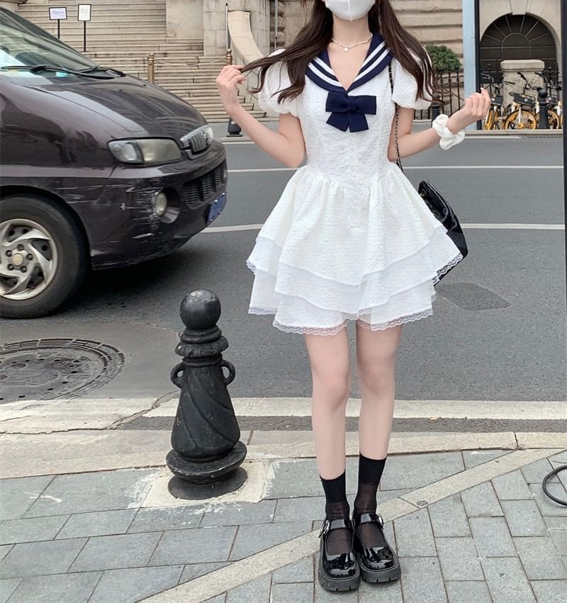 A-Line Short-Sleeve Sailor Dress Mini Collar