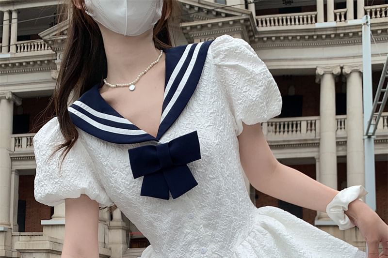 A-Line Short-Sleeve Sailor Dress Mini Collar